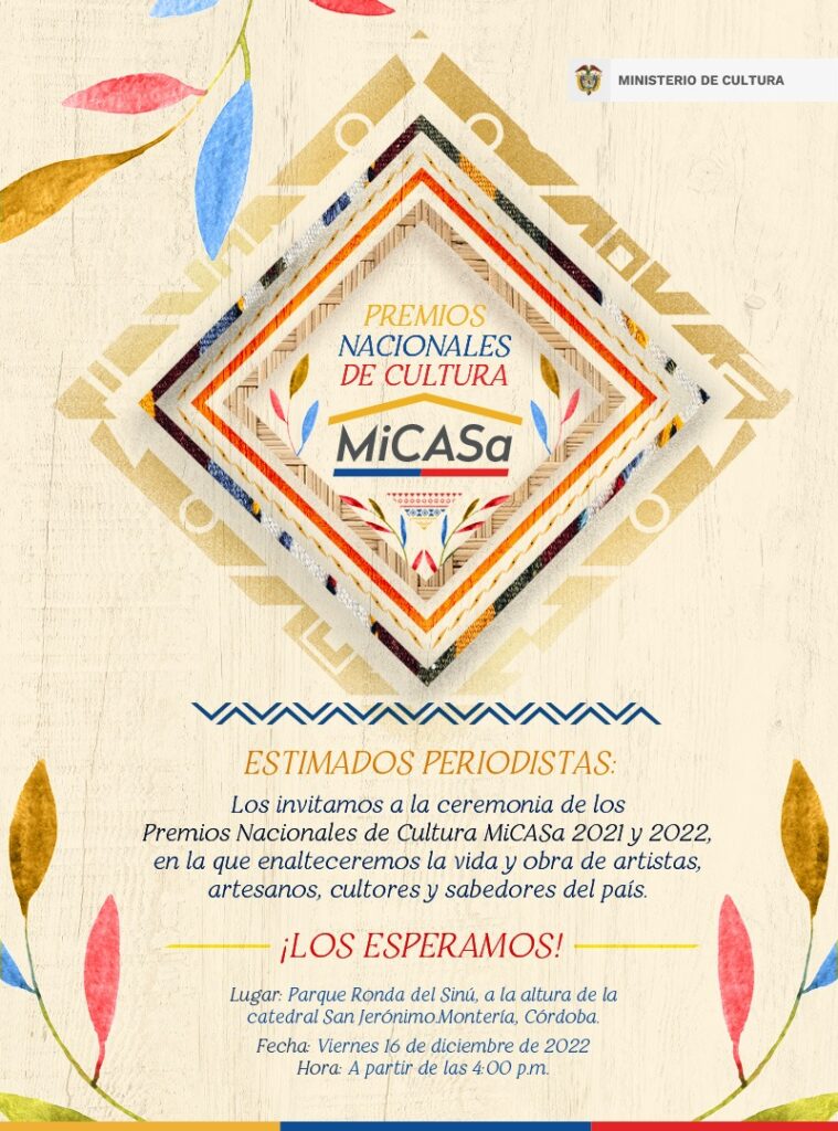 Este viernes se entregan en Montería los Premios Nacionales de Cultura MiCASa 2021 y 2022