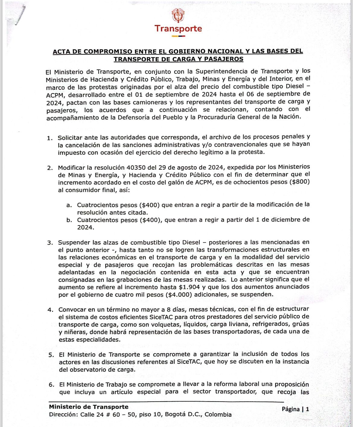 Se levanta paro camionero: acuerdo incrementa 0 en ACPM