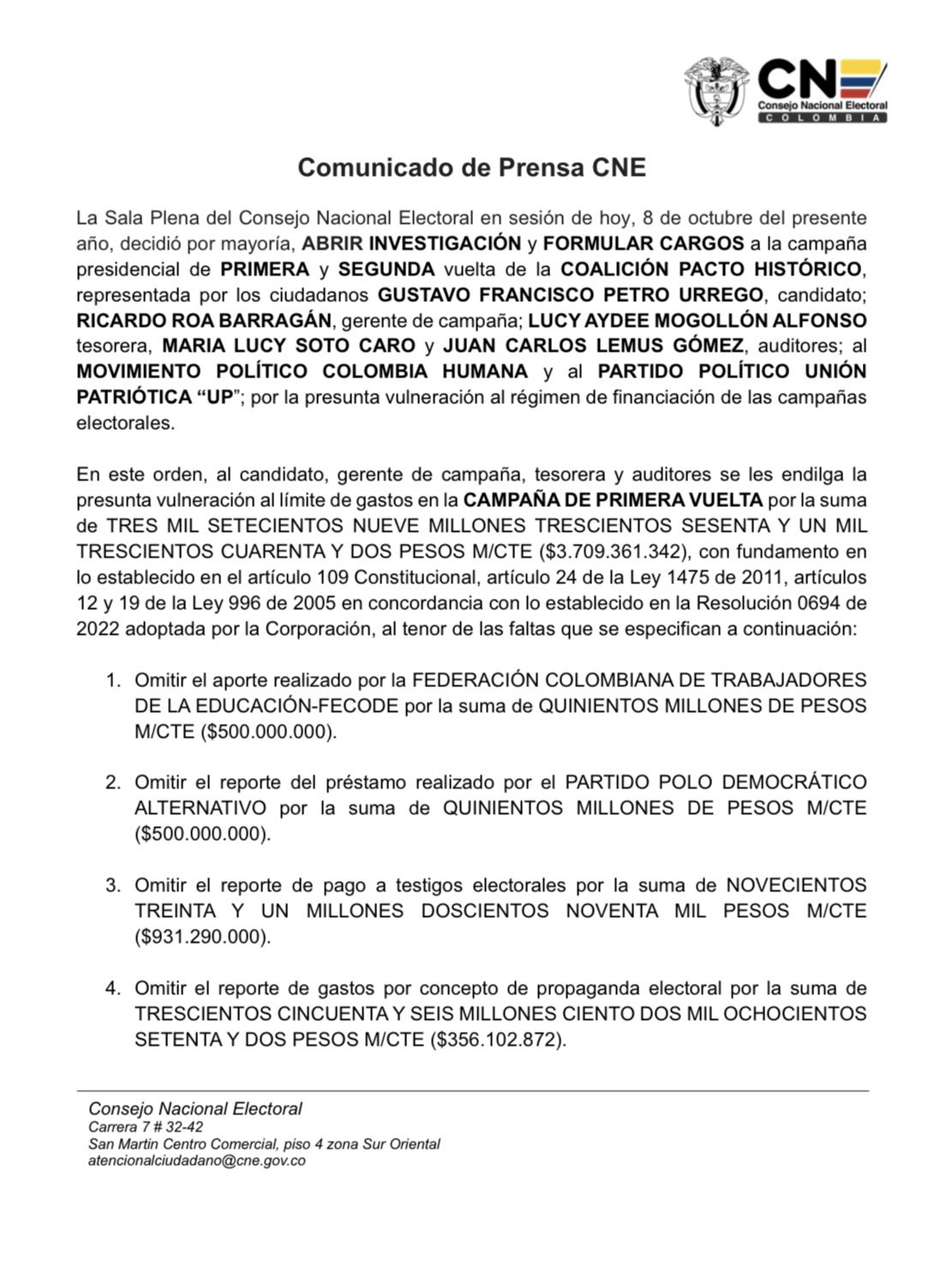 CNE abre investigación formal contra campaña Petro por presunta violación de límites de financiación electoral